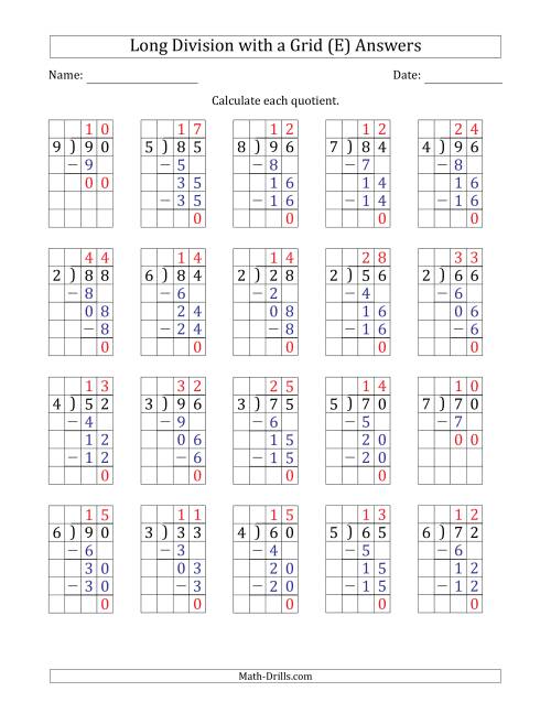 The 2-Digit by 1-Digit Long Division with Grid Assistance and Prompts and NO Remainders (E) Math Worksheet Page 2