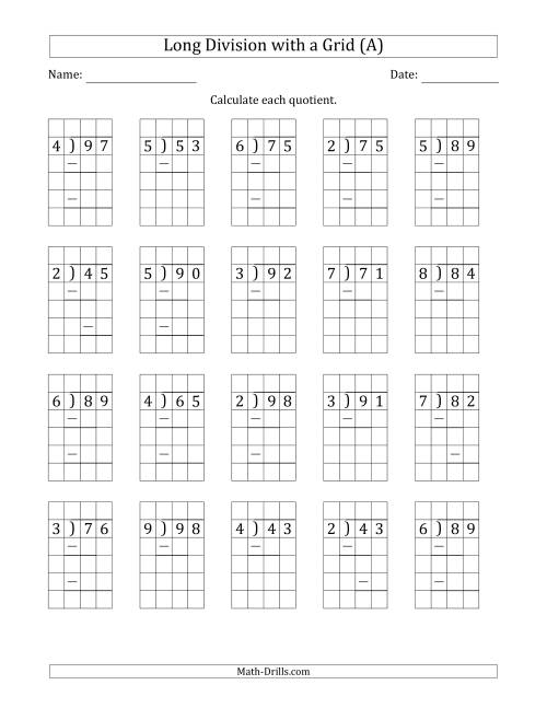 The 2-Digit by 1-Digit Long Division with Grid Assistance and Prompts and Remainders (A) Math Worksheet