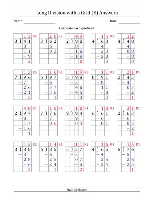 2 digit by 1 digit long division with grid assistance and prompts and