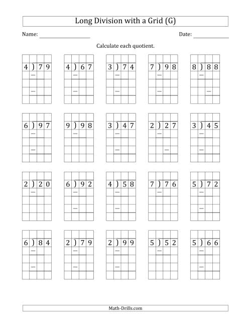 The 2-Digit by 1-Digit Long Division with Grid Assistance and Prompts and Remainders (G) Math Worksheet