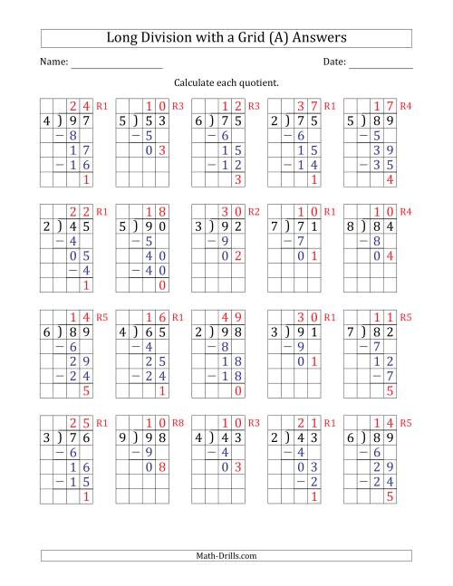 The 2-Digit by 1-Digit Long Division with Grid Assistance and Prompts and Remainders (All) Math Worksheet Page 2
