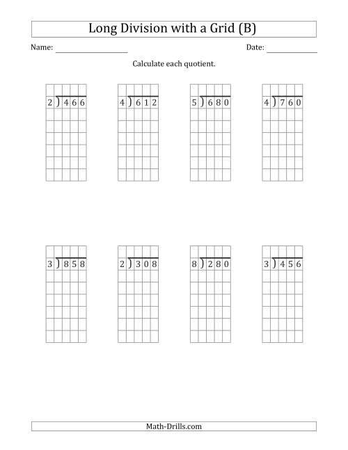 The 3-Digit by 1-Digit Long Division with Grid Assistance and NO Remainders (B) Math Worksheet