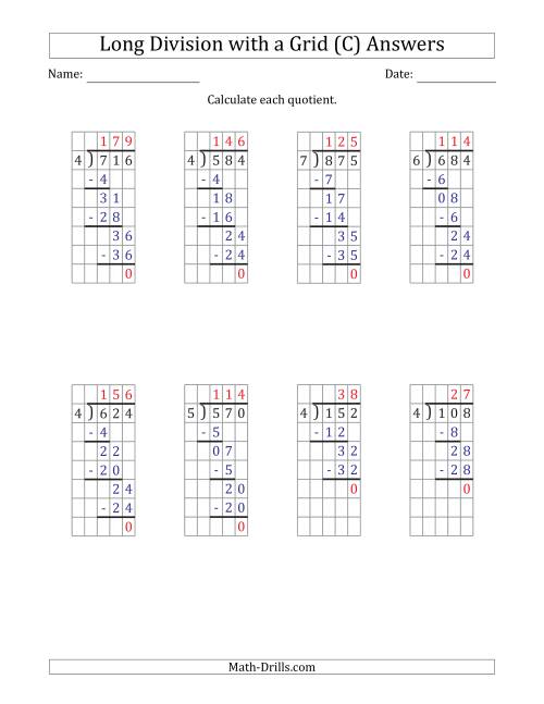 The 3-Digit by 1-Digit Long Division with Grid Assistance and NO Remainders (C) Math Worksheet Page 2