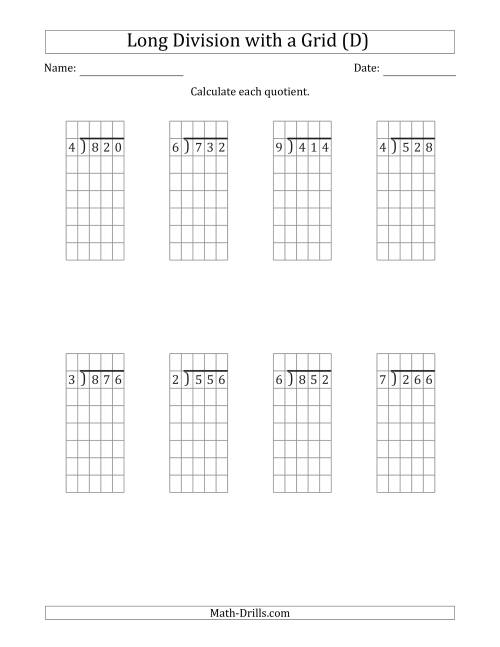 The 3-Digit by 1-Digit Long Division with Grid Assistance and NO Remainders (D) Math Worksheet