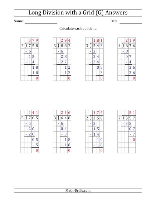 The 3-Digit by 1-Digit Long Division with Grid Assistance and NO Remainders (G) Math Worksheet Page 2