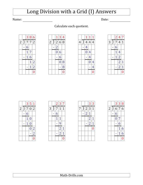 3 digit by 1 digit long division with grid assistance and no remainders i