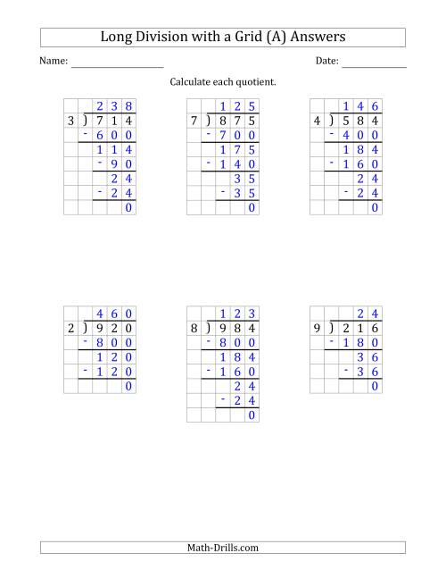The 3-Digit by 1-Digit Long Division with Grid Assistance and NO Remainders (Old) Math Worksheet Page 2