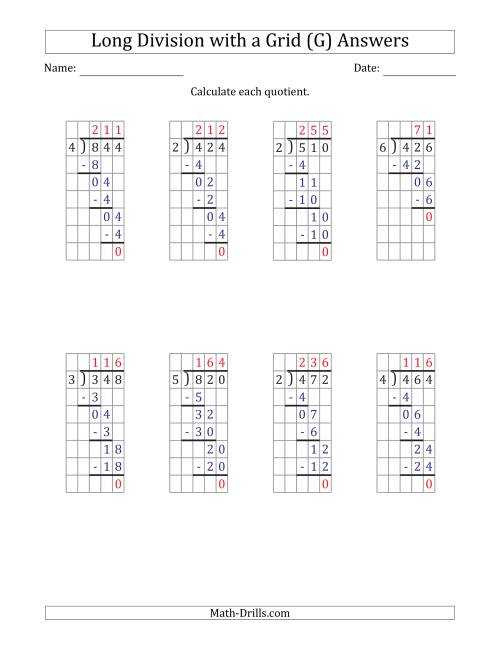 The 3-Digit by 1-Digit Long Division with Grid Assistance and Prompts and NO Remainders (G) Math Worksheet Page 2