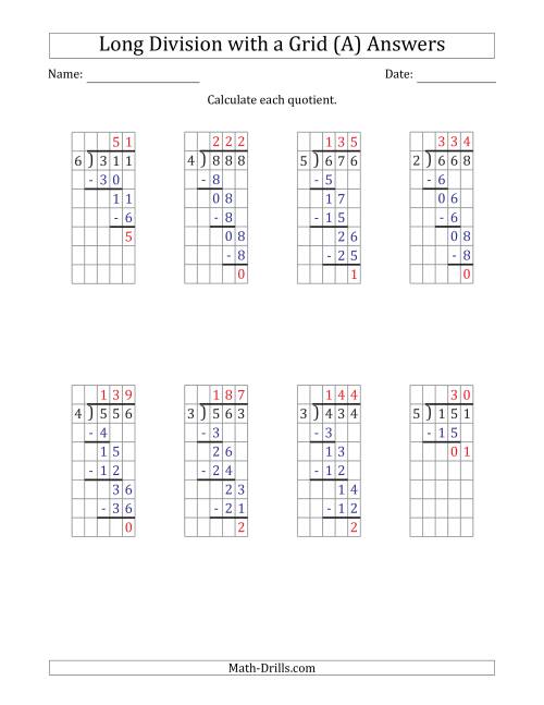 3 digit by 1 digit long division with remainders with grid assistance and prompts a