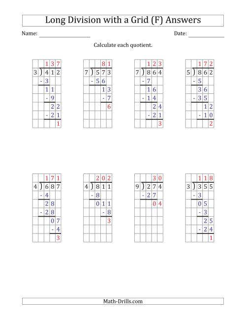The 3-Digit by 1-Digit Long Division with Remainders with Grid Assistance (F) Math Worksheet Page 2