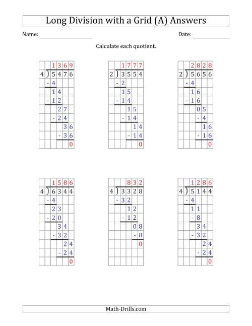 4-Digit By 1-Digit Long Division With Grid Assistance And No Remainders (A)
