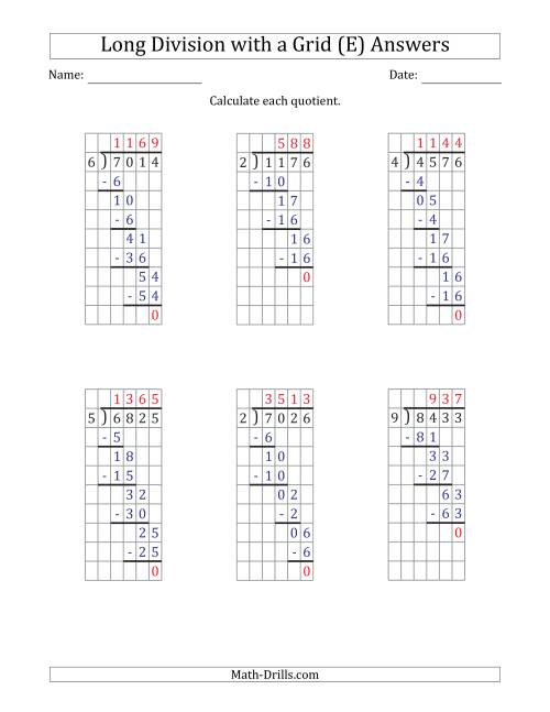 The 4-Digit by 1-Digit Long Division with Grid Assistance and NO Remainders (E) Math Worksheet Page 2