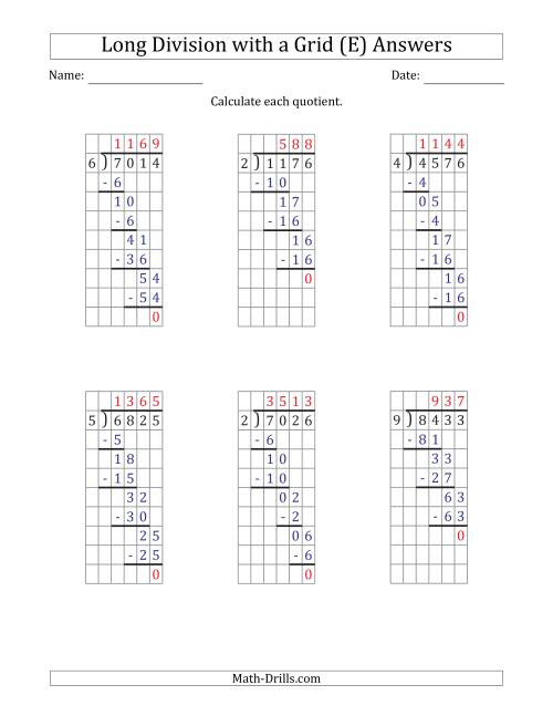 4 digit by 1 digit long division with grid assistance and no remainders e