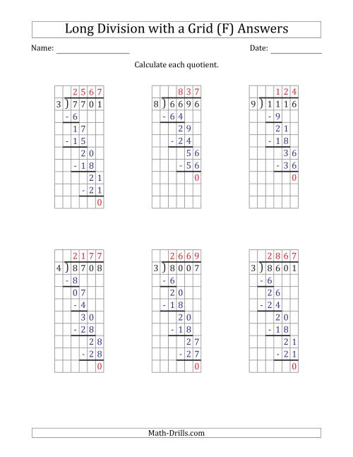 4 digit by 1 digit long division with grid assistance and no remainders f