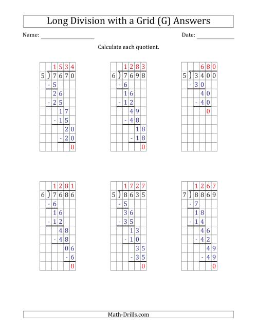 4 digit by 1 digit long division with grid assistance and no remainders g