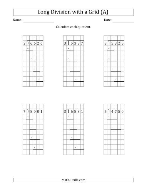 The 4-Digit by 1-Digit Long Division with Grid Assistance and Prompts and NO Remainders (A) Math Worksheet