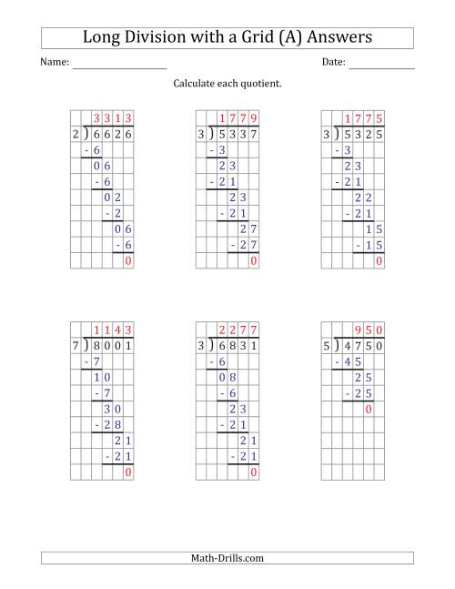 The 4-Digit by 1-Digit Long Division with Grid Assistance and Prompts and NO Remainders (A) Math Worksheet Page 2
