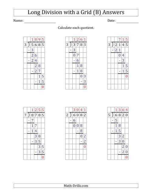 4 digit by 1 digit long division with grid assistance and