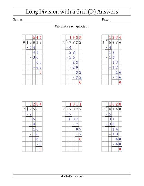 The 4-Digit by 1-Digit Long Division with Grid Assistance and Prompts and NO Remainders (D) Math Worksheet Page 2