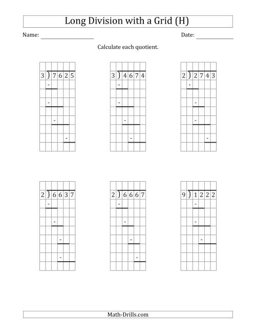 The 4-Digit by 1-Digit Long Division with Remainders with Grid Assistance and Prompts (H) Math Worksheet
