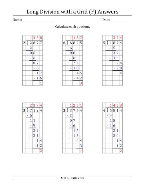 The 4-Digit by 1-Digit Long Division with Remainders with Grid Assistance (F) Math Worksheet Page 2