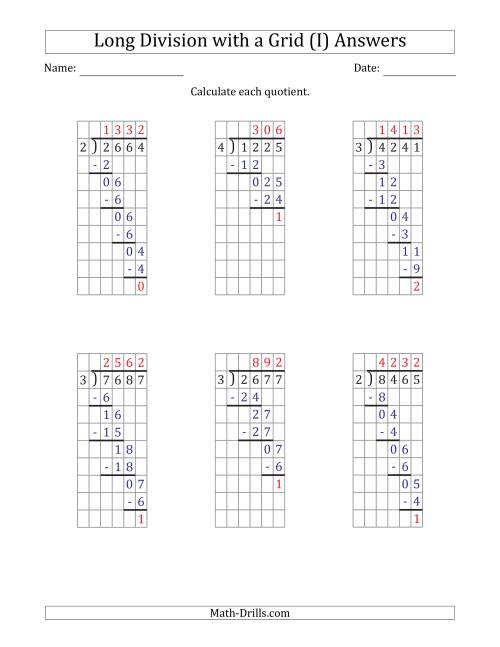 The 4-Digit by 1-Digit Long Division with Remainders with Grid Assistance (I) Math Worksheet Page 2