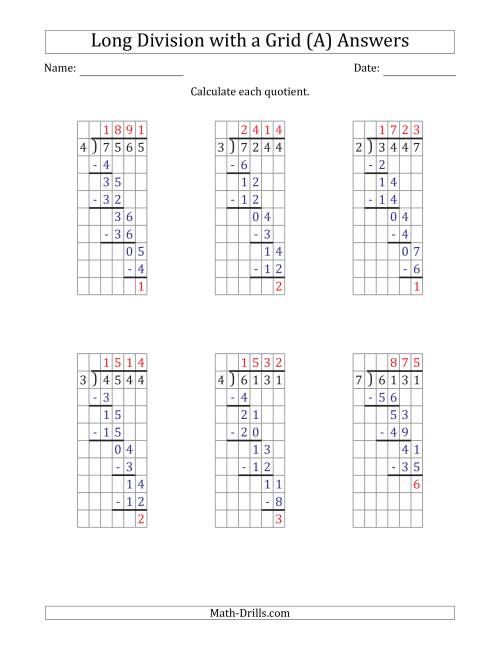 4 digit by 1 digit long division with remainders with grid