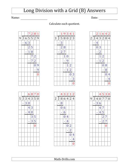 The 5-Digit by 1-Digit Long Division with Grid Assistance and Prompts and NO Remainders (B) Math Worksheet Page 2