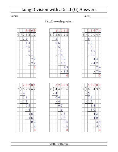 The 5-Digit by 1-Digit Long Division with Grid Assistance and Prompts and NO Remainders (G) Math Worksheet Page 2