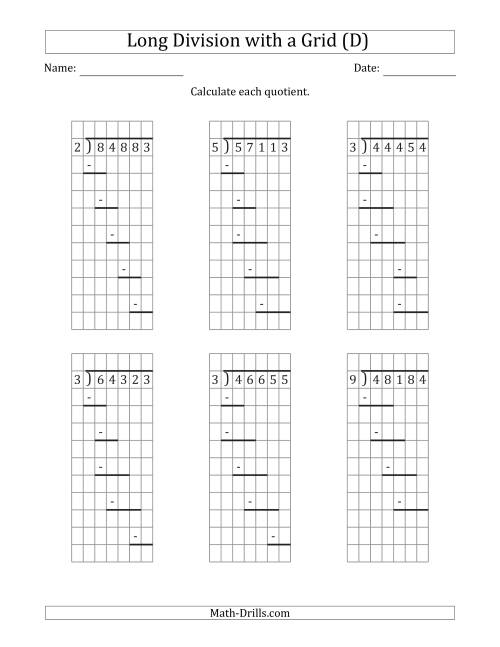 The 5-Digit by 1-Digit Long Division with Remainders with Grid Assistance and Prompts (D) Math Worksheet