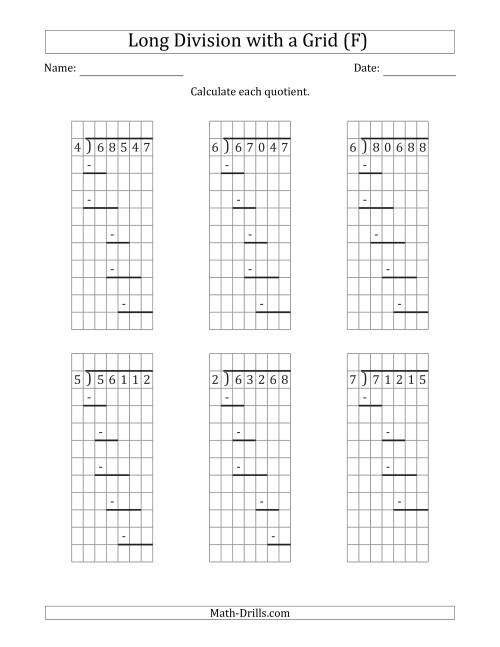 The 5-Digit by 1-Digit Long Division with Remainders with Grid Assistance and Prompts (F) Math Worksheet