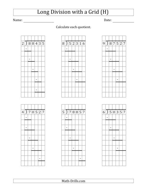 The 5-Digit by 1-Digit Long Division with Remainders with Grid Assistance and Prompts (H) Math Worksheet