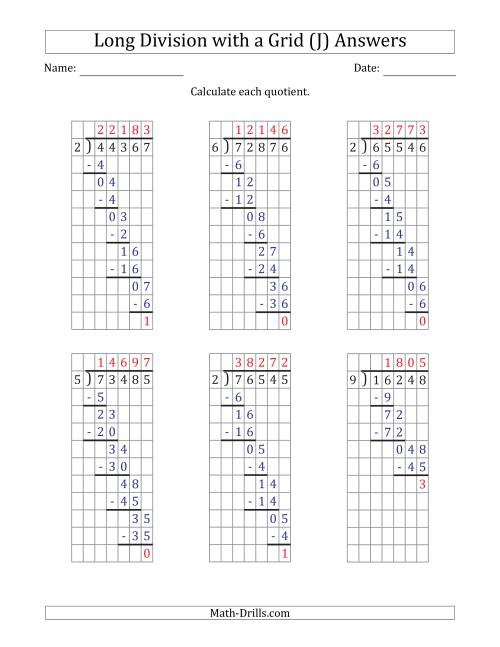 The 5-Digit by 1-Digit Long Division with Remainders with Grid Assistance and Prompts (J) Math Worksheet Page 2