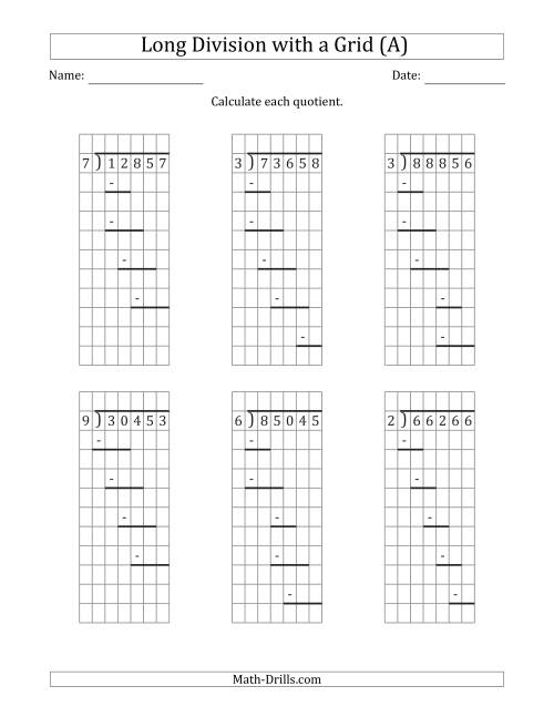 The 5-Digit by 1-Digit Long Division with Remainders with Grid Assistance and Prompts (All) Math Worksheet