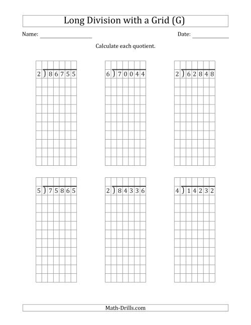 The 5-Digit by 1-Digit Long Division with Remainders with Grid Assistance (G) Math Worksheet