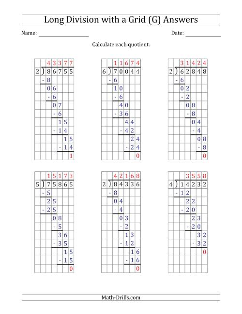 The 5-Digit by 1-Digit Long Division with Remainders with Grid Assistance (G) Math Worksheet Page 2