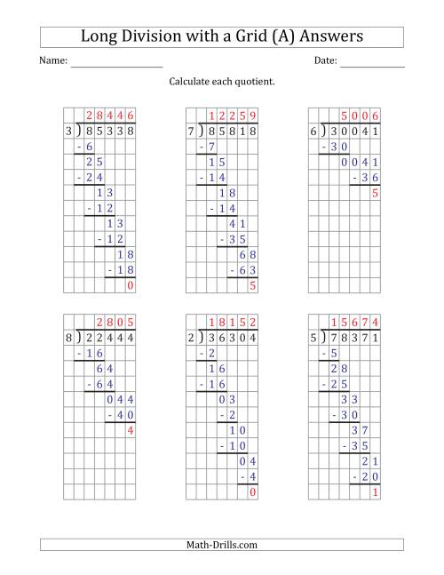 5 digit by 1 digit long division with remainders with grid assistance all