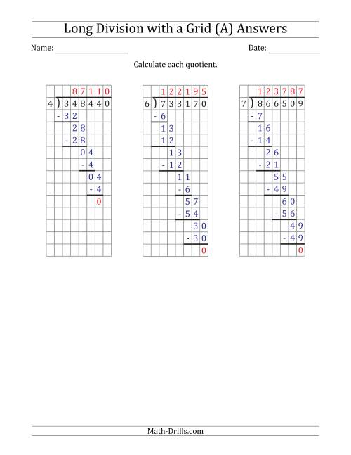 6 digit by 1 digit long division with grid assistance and no remainders a