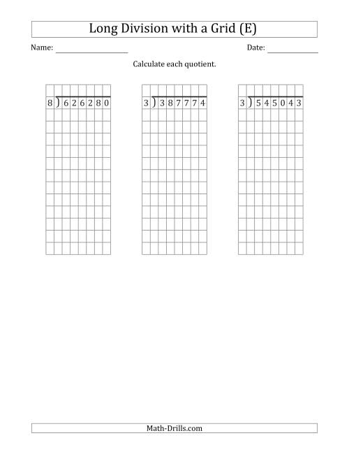 The 6-Digit by 1-Digit Long Division with Grid Assistance and NO Remainders (E) Math Worksheet