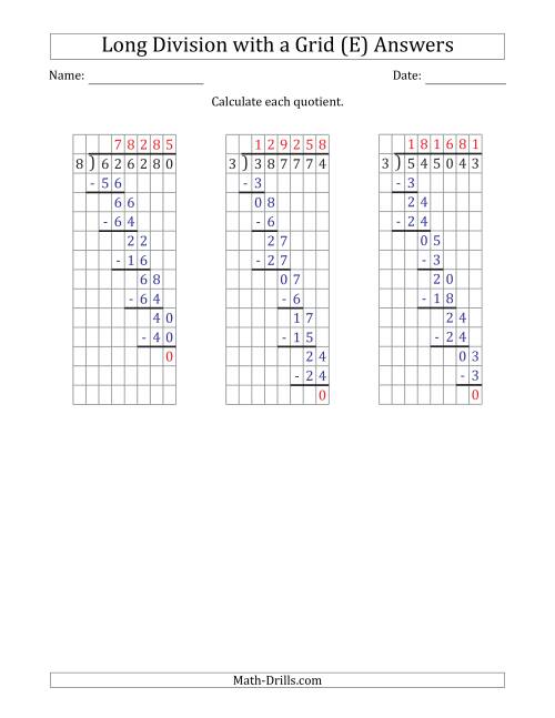 The 6-Digit by 1-Digit Long Division with Grid Assistance and NO Remainders (E) Math Worksheet Page 2