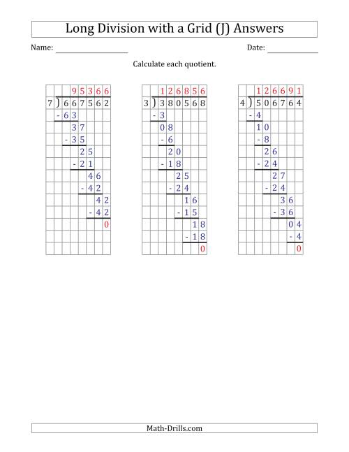 6 digit by 1 digit long division with grid assistance and