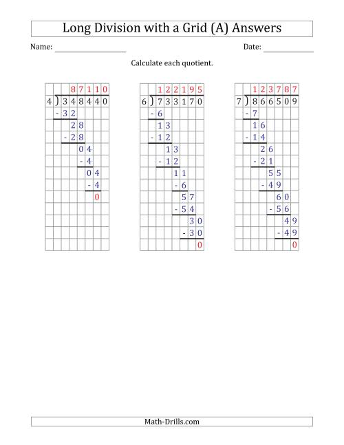 6 digit by 1 digit long division with grid assistance and no remainders