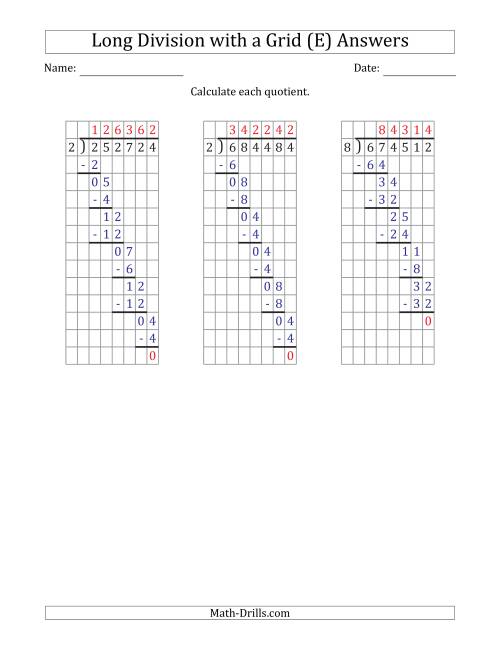 The 6-Digit by 1-Digit Long Division with Grid Assistance and Prompts and NO Remainders (E) Math Worksheet Page 2