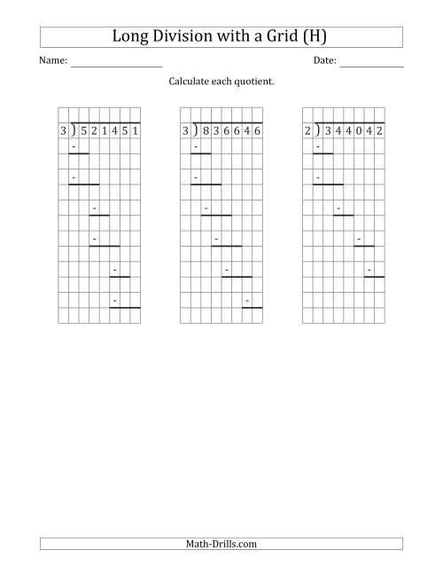 The 6-Digit by 1-Digit Long Division with Grid Assistance and Prompts and NO Remainders (H) Math Worksheet
