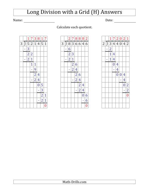 The 6-Digit by 1-Digit Long Division with Grid Assistance and Prompts and NO Remainders (H) Math Worksheet Page 2