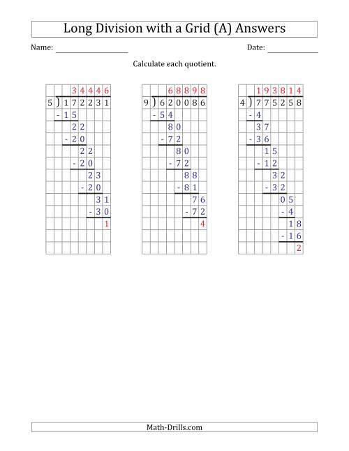 The 6-Digit by 1-Digit Long Division with Remainders with Grid Assistance and Prompts (A) Math Worksheet Page 2
