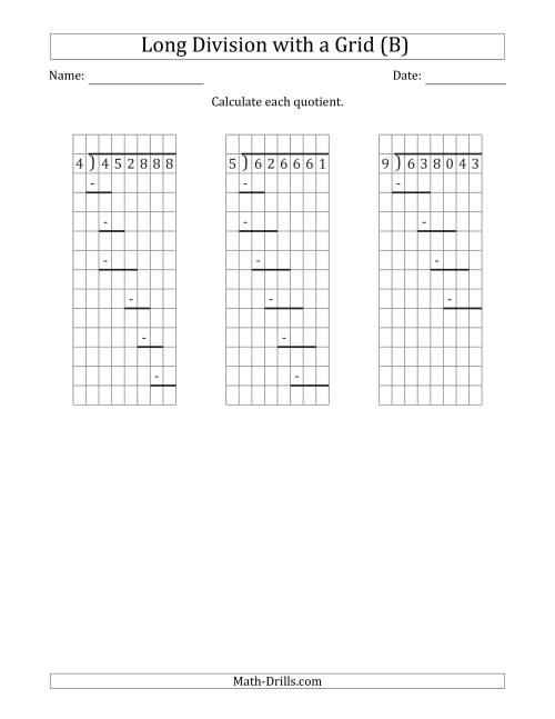The 6-Digit by 1-Digit Long Division with Remainders with Grid Assistance and Prompts (B) Math Worksheet