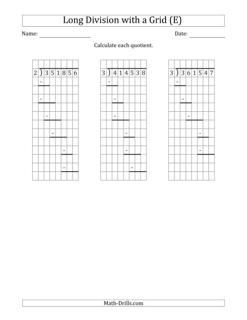 The 6-Digit by 1-Digit Long Division with Remainders with Grid Assistance and Prompts (E) Math Worksheet