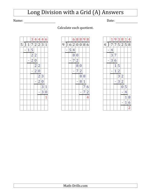 6 digit by 1 digit long division with remainders with grid assistance