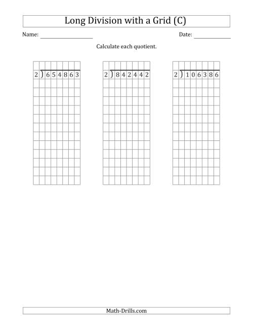 The 6-Digit by 1-Digit Long Division with Remainders with Grid Assistance (C) Math Worksheet